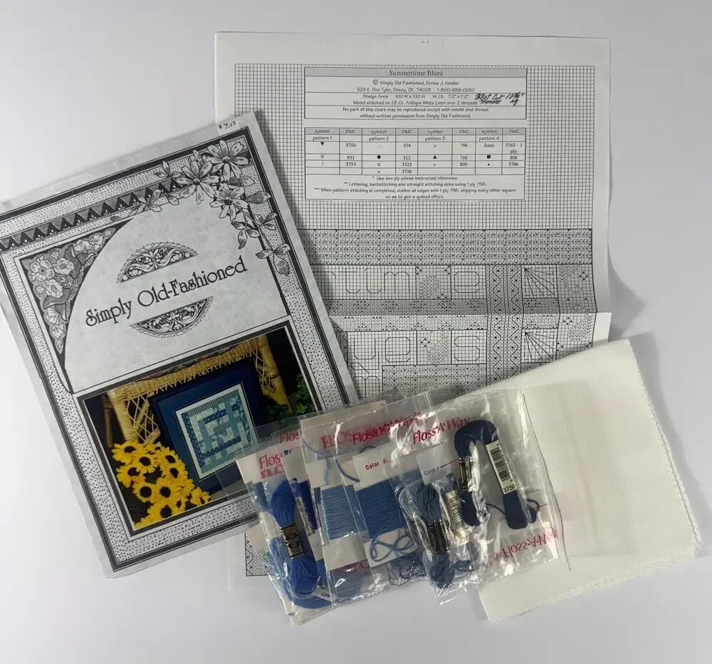 Simply Old-Fashioned Summertime Blues Cross Stitch Pattern 28ct Linen DMC Floss